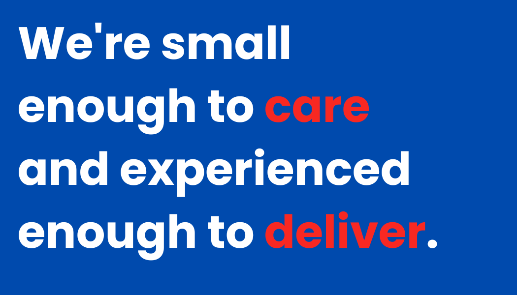 Tag line for Staple IT Text on a blue background: "We're small enough to care and experienced enough to deliver."
